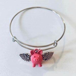 Handmade Sterling Silver “When Pigs Fly” Charm Bangle Bracelet